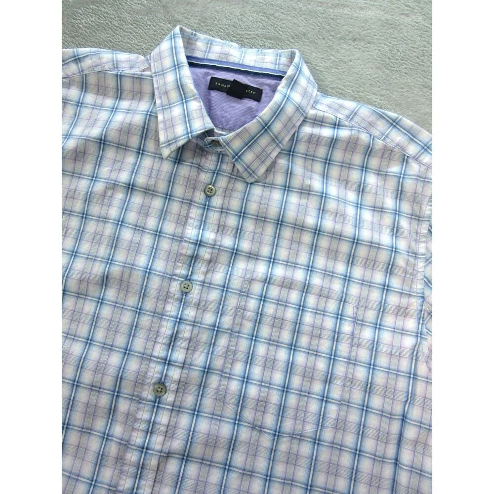 Banana Republic Shirt Mens XL 17-17.5 Short Sleeve Plaid Blue Purple Buttoned Up